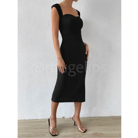 Sweetheart Neckline Decollete Black Pencil Dress Lace Up Back Slit Midi - Picture 3 of 9